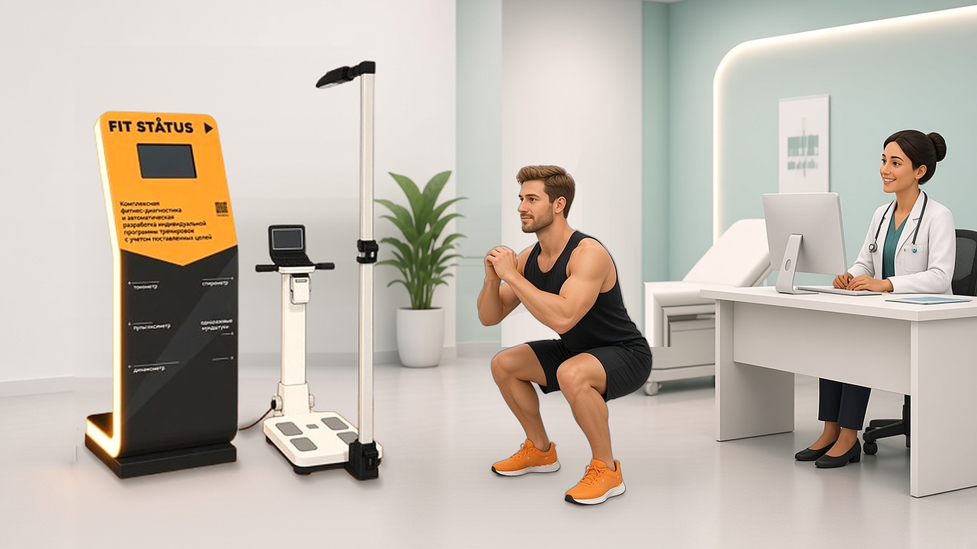 Иллюстрация: терминал FitStatus в кабинете врача, пациент выполняет приседания, врач работает за столом
