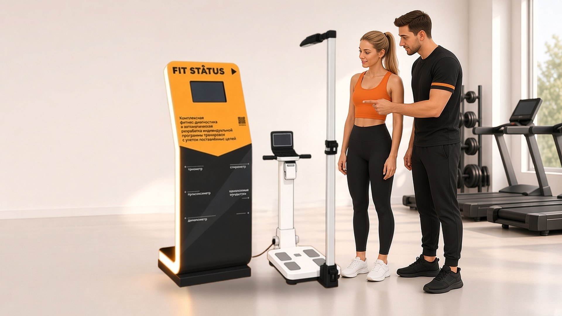 Иллюстрация: терминал FitStatus с анализатором состава тела в фитнес-клубе, тренер показывает клиентке результат