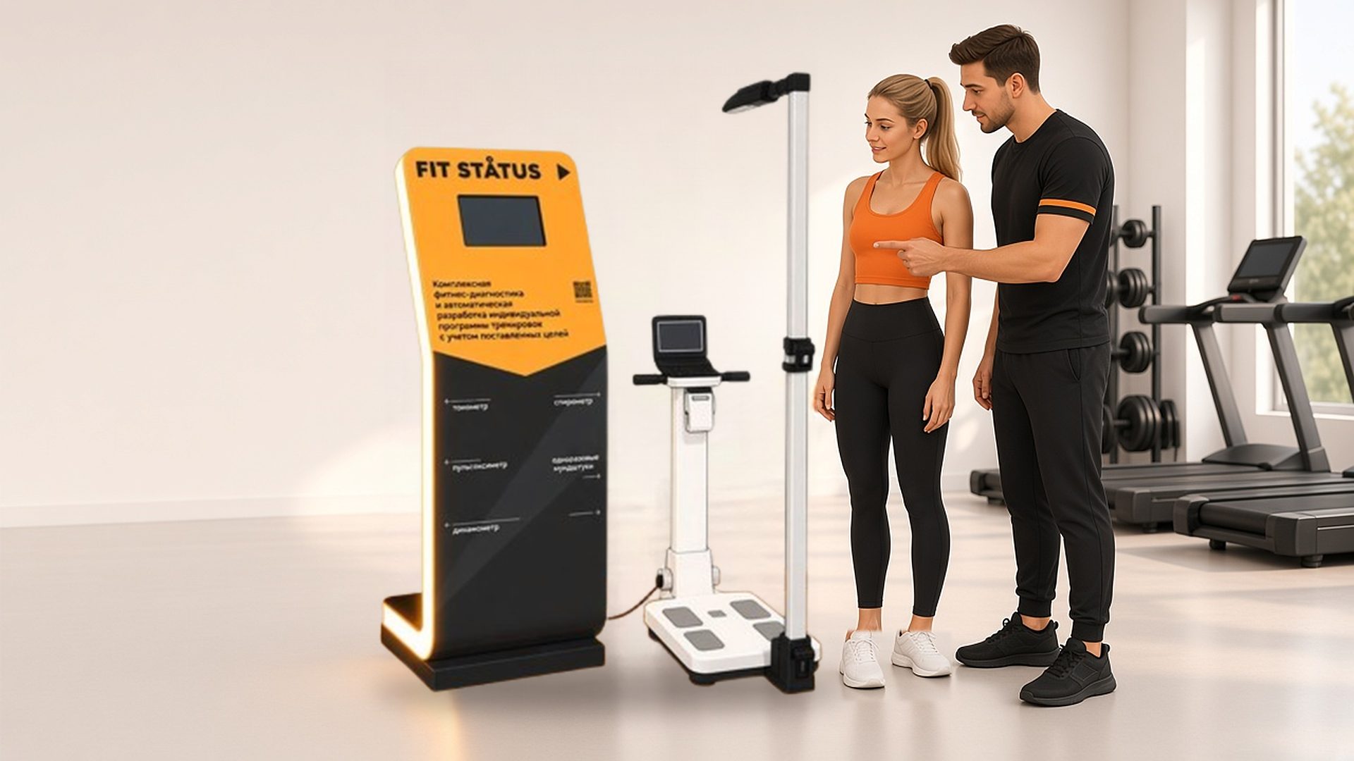 Иллюстрация: терминал FitStatus с анализатором состава тела в фитнес-клубе, тренер показывает клиентке результат