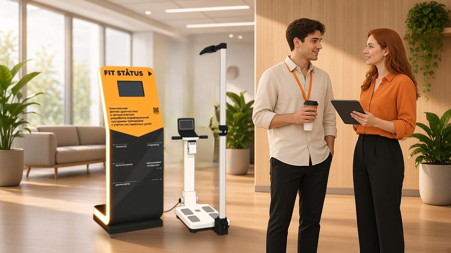 Иллюстрация: терминал FitStatus в офисе, сотрудники обсуждают результаты тестирования