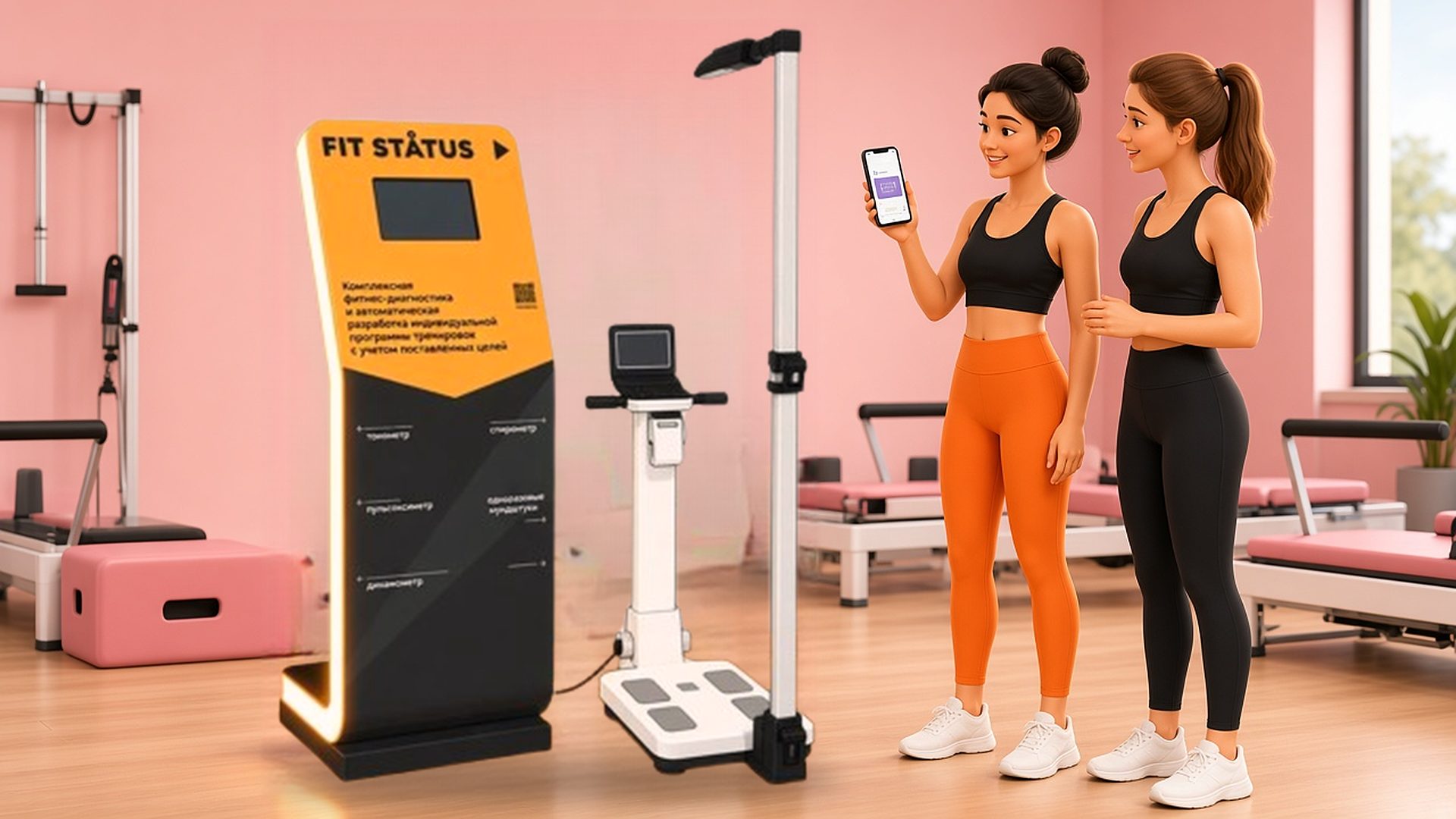 Иллюстрация: выездной фитнес-чекап FitStatus в студии, участницы смотрят результат в телефоне